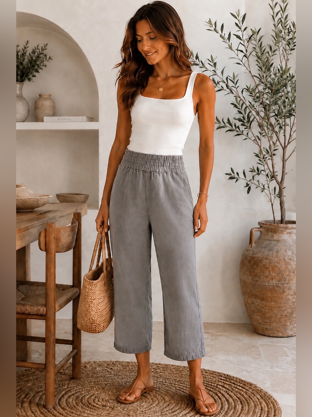 Dusan Italy 100% Linen Gray Pull-On Pants
